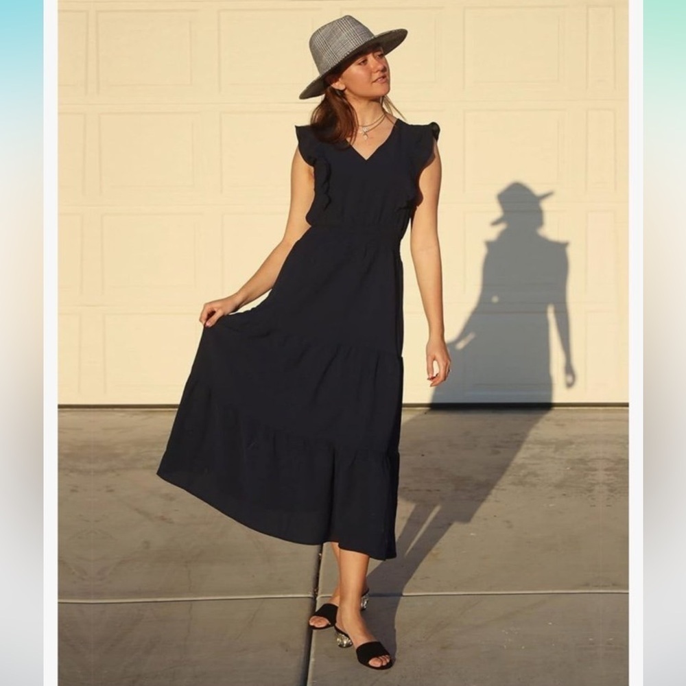 BTFBM Women's Ruffle Trim Sleeveless V Neck Maxi Long Dress